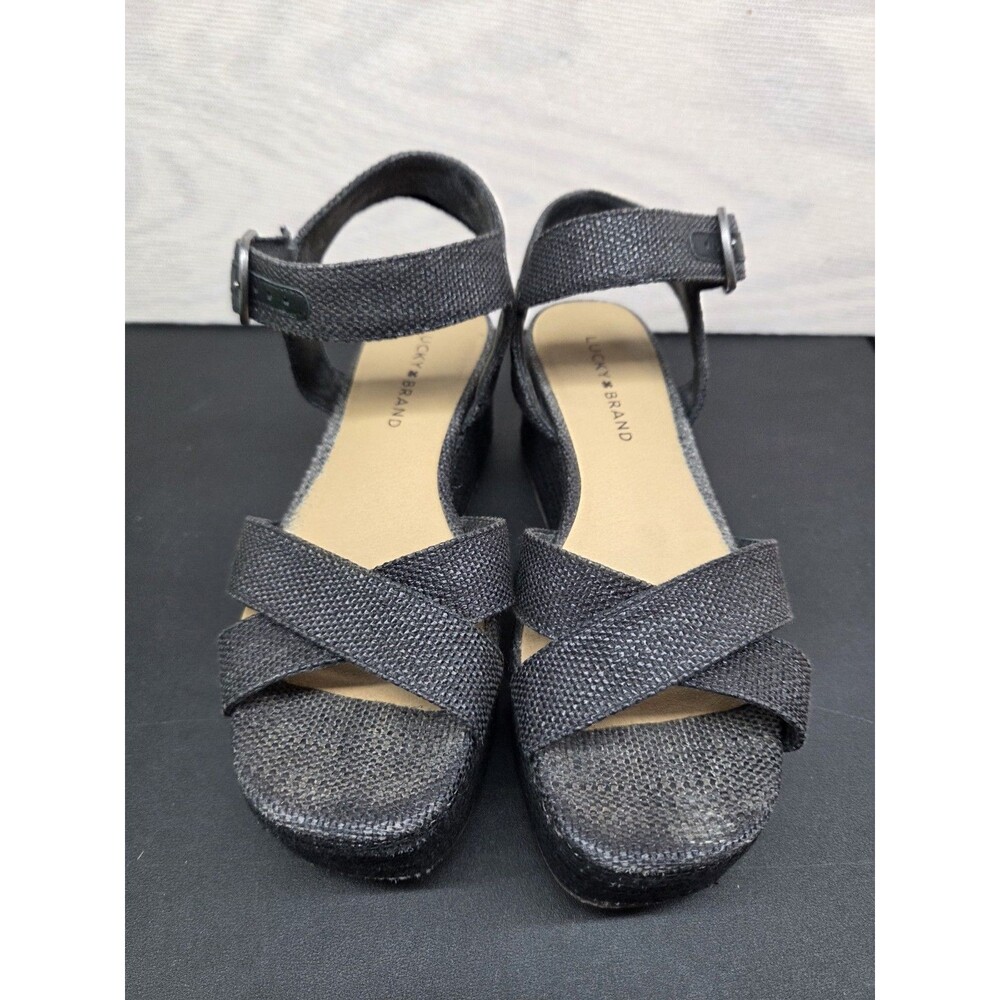 Lucky Brand Women's SZ 7.5 Ankle Strap Wedge Sandals Black/Gray Buckle